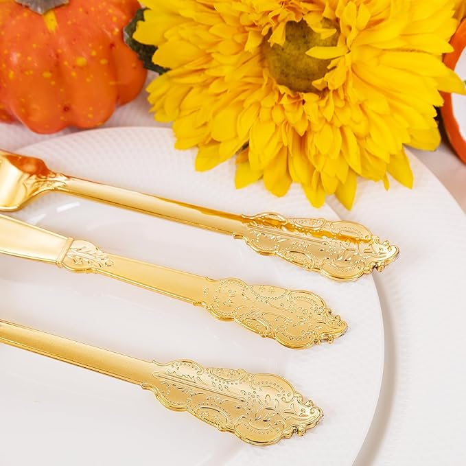 Liacere 400PCS Gold Plastic Silverware - Pre Rolled Napkins Disposable Gold Plastic Cutlery-Premium Quality Utensils-Includes 100Forks,100Knives,100Spoons,100 Napkins & Christmas & New Year