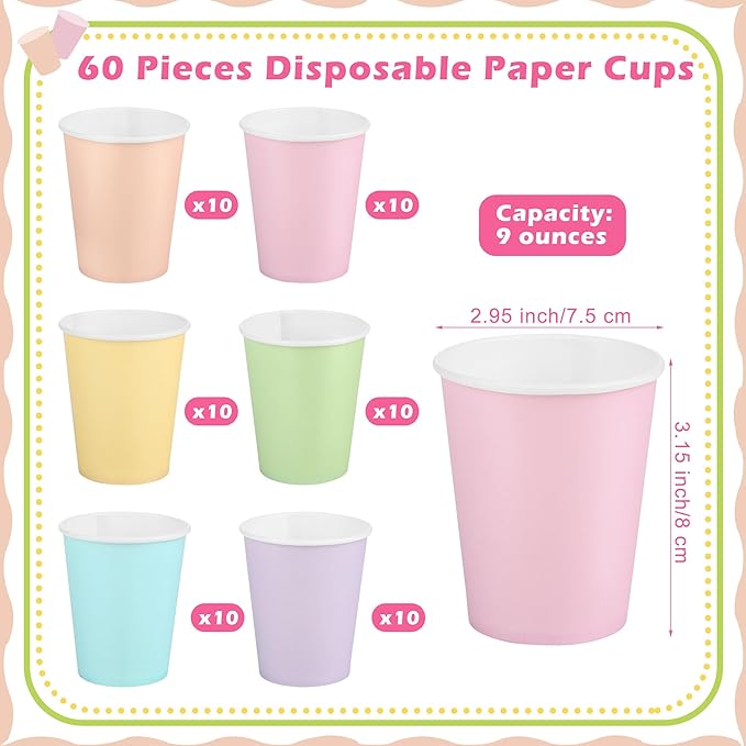 URATOT 60 Pieces 9 Ounce Disposable Paper Cups Pastel Rainbow Party Cups Drinking Cups for Party, DIY and Holiday, 6 Colors