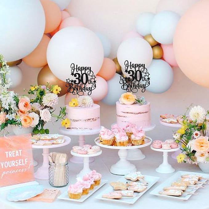 1 PCS Happy 30th Birthday Cake Topper Glitter Cheers to 30 Years Birthday Cake Pick Hello 30 Fabulous Cake Decoration for Happy 30th Birthday Anniversary Party Decorations Supplies Black