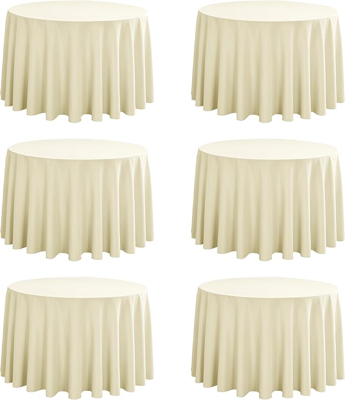 6-Pack Round 120-inch Beige Table Cloths, Solid Stain and Wrinkle Resistant Circular Tablecloth, Premium Plain Weave Polyester Fabric Table Linen Covers for Hotel, Banquet