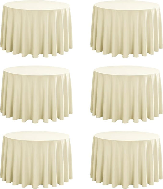 6-Pack Round 120-inch Beige Table Cloths, Solid Stain and Wrinkle Resistant Circular Tablecloth, Premium Plain Weave Polyester Fabric Table Linen Covers for Hotel, Banquet
