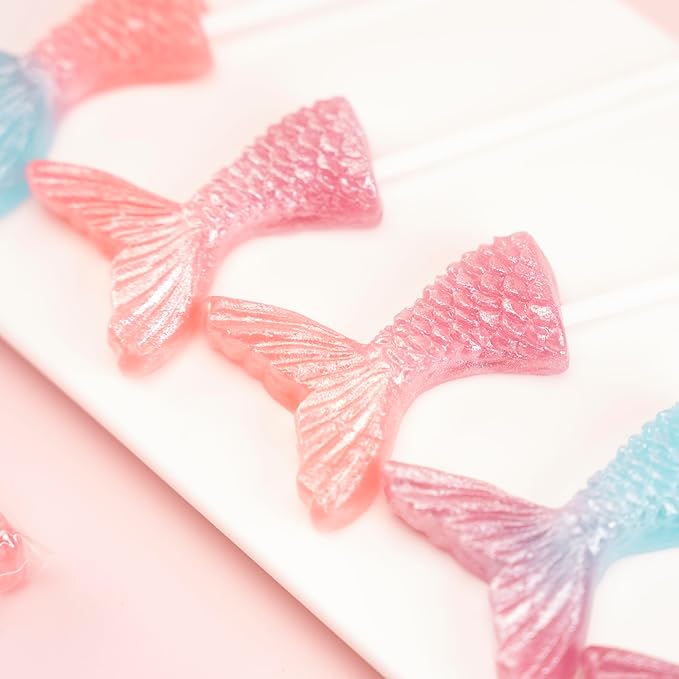 Mermaid Tail Lollipops 24pk, Individually Wrapped Mixed Fruit Flavor Colorful Gradient Candy Bulk, Ideal for Mermaid Themed Parties, Birthdays, Party Favors & Supplies
