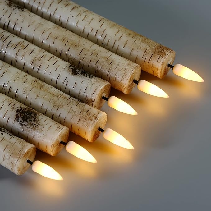 Eywamage Birch Bark Flameless Taper Candles with Remote, Short Wood LED Wax Candlesticks Flickering Battery Operated Set of 6