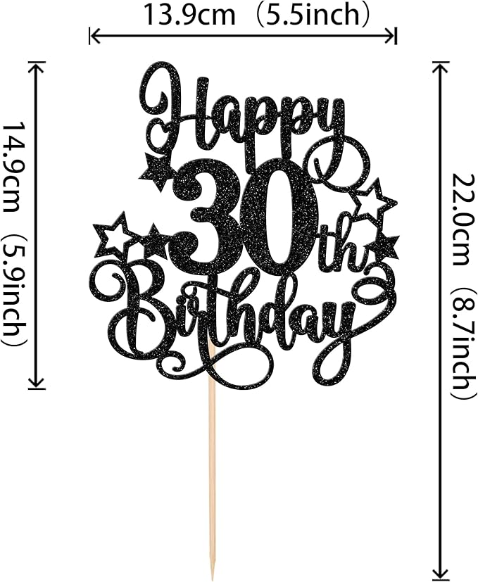 1 PCS Happy 30th Birthday Cake Topper Glitter Cheers to 30 Years Birthday Cake Pick Hello 30 Fabulous Cake Decoration for Happy 30th Birthday Anniversary Party Decorations Supplies Black