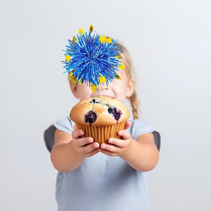 Ephlyn 30Pcs Foil Firework Cupcake Toppers Firework Cake Toppers Tinsel Flower Drink Stirrers Cocktail Food Fruit Toothpicks for Valentine's Day Party Decorations Blue