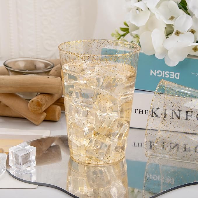 I00000 200 Pack 12 oz Gold Glitter Plastic Cups, Clear Disposable Cups, Disposable Plastic Wine Glasses Cocktail Glasses Premium Cups, 12 Ounce Glitter Tumblers for Party & Wedding