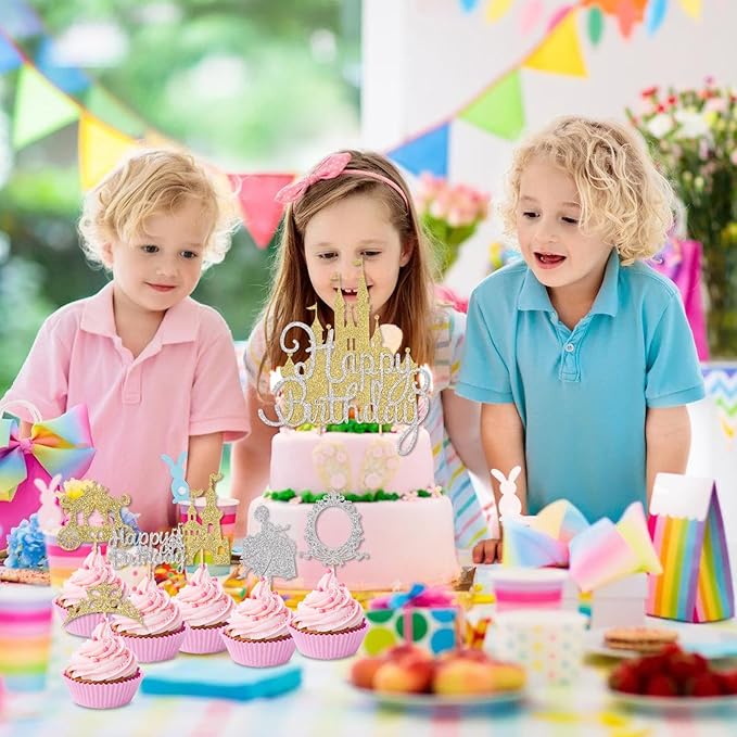 26pcs Gold Castle Cake Toppers Glitter Princess Prom Crown Cupcake Toppers for Princess Birthday Party Decorations Baby Shower Cake Decorations Supplies