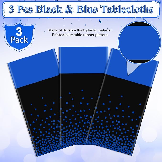 MASHAN 3Pcs Black and Blue Tablecloth Party Decorations,Plastic Black Table Cloth Printed Blue Table Runner Disposable Rectangle Cover for Birthday Wedding Anniversary Graduation Party,54 x108 Inch