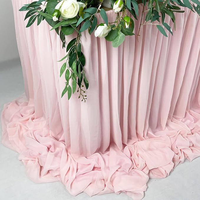 EHLDekol Pooling and Floating Chiffon Table Skirt, 6FT 9FT 14FT Sheer Tablecloth, Baby Shower, Birthdays, Wedding Table Skirt (Blush Pink, 9FT)