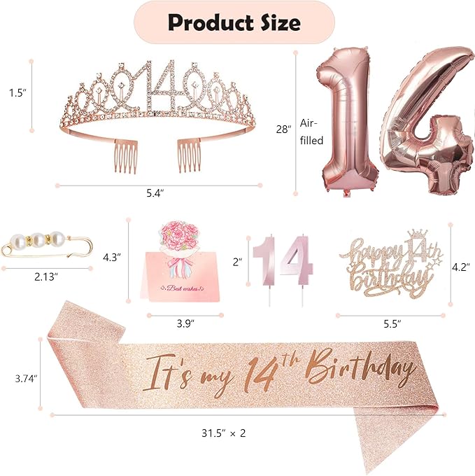 14th Birthday Decorations for Girls, 14th Birthday Sash and Crown, Cake Topper, Number Candles and Balloons, 14 Year Old Gifts for Girls