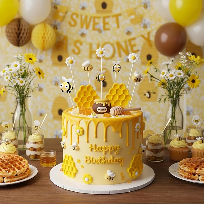 Knana 19Pcs Bee Cake Topper Bee Honeycomb Cake Decorations Honey Bee Theme Baby Shower Birthday Party Decoration Supplies