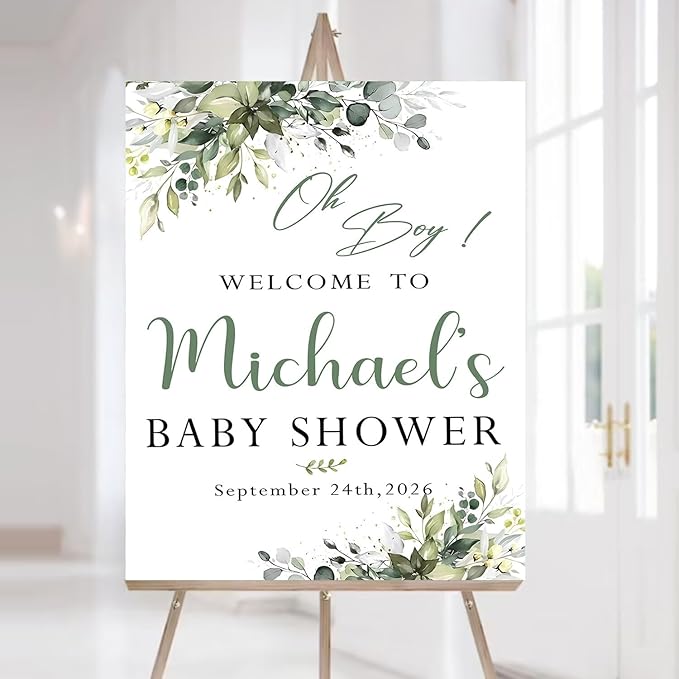 Greenery Baby Shower Sign - Rustic Welcome Decoration for Boy, Leaves Theme