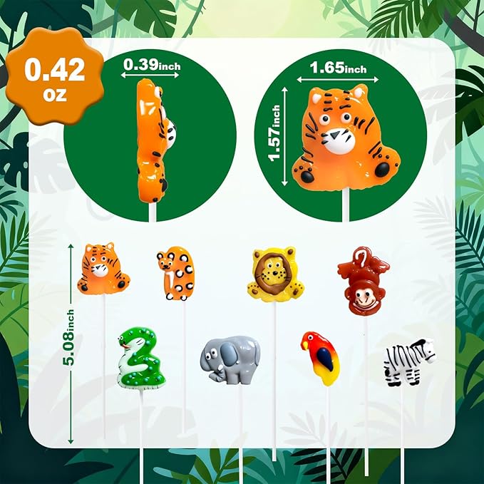Safari Animal Shape Suckers 24ct, 8 Whildlife Shapes & 8 Flavors, Individually Wrapped for Zoo Party, jungle theme treats fo Earth Day, Wildlife Theme Treats, Birthday Safari Goodie Bags
