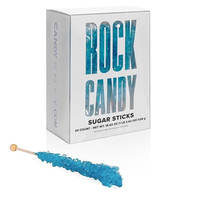 Blue Rock Candy Sugar Sticks - Blue Raspberry Flavored - 24 Individually Wrapped Candy Party Favors