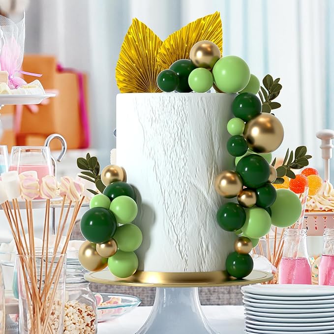 NEBURORA 64 Pcs Balls Cake Toppers and Leaves Decoration Set Mini Balloons for Cake Decorating Supplies Balls Cake decorations for Baby Shower Cake Toppers Birthday Cake Decorations (Green Gold）