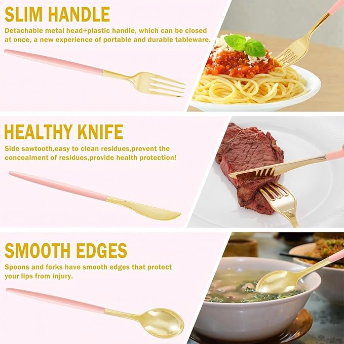 Supernal 102Pcs Pink Plastic Silverware, Gold Disposable Utensils with Pink Handle, Elegant Gold Plastic Silverware Set Includes 34 Forks, 34 Spoons and 34 Knives for Party & Wedding, Mother's Day