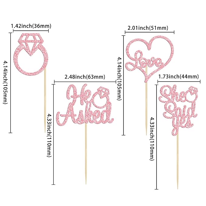 Gyufise Pink 24Pcs He Asked She Said Yes Cupcake Toppers Diamond Ring Heart Cake Picks for Wedding Engagement Party Cake Decorations
