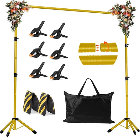 JSungo 10x8.5 FT Backdrop Stand for Parties, Adjustable Photo Backdrop Stand Kit with Carrying Bag, Portable Background Stand Backdrop for Wedding, Photoshoot, and Photo Studio, Gold