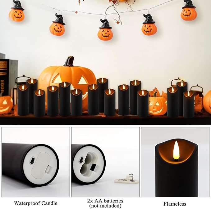 Realistic Flameless LED Candle Black Set of 24, Battery Operated with Remote Control, 3D Flame Pillar Timer Funtion Melted Top Safe,Perfect for Indoor/Outdoor Decor,Wedding,BBQ and Gift