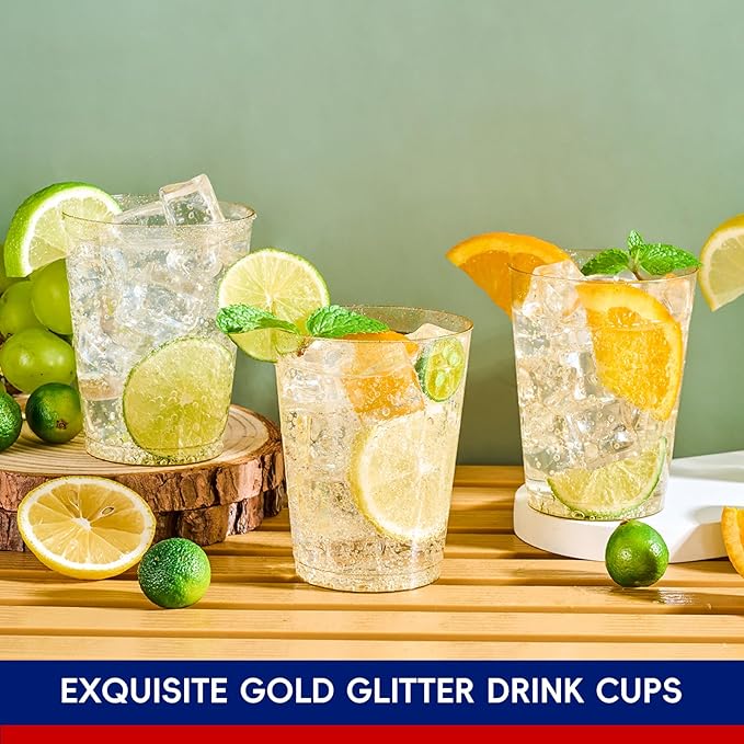 JOLLY CHEF 100 Pack 10 oz Gold Glitter Plastic Party Cups, Disposable Plastic Tumblers, Gold Drinking Glasses with Glitter Suitable for Wedding, Thanksgiving Day, Christmas Halloween