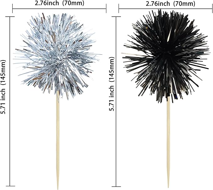 Gyufise 30Pcs Foil Firework Cupcake Toppers Sparkle Tinsel Cake Toppers Tinsel Drink Cake Decoration Cocktail Picks for Birthday Wedding Graduation Party Supplies Black Silver