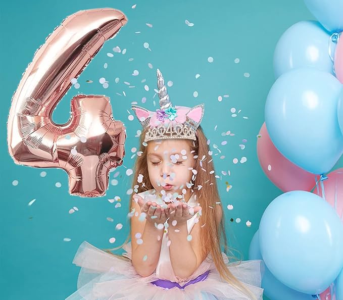 4th Birthday Decorations Girl, Including 4 year old Birthday Cake Topper, Queen Sash with Pearl Pin, Sweet Rhinestone Tiara Crown, Number Candles and Balloons Set, Rose Gold