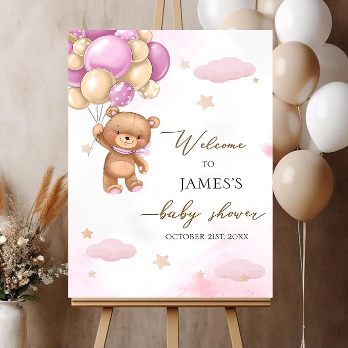 Balloons Bear Baby Shower Sign, Baby Shower Poster Sign, Baby Shower Welcome Sign With Stand, Baby Banner For Baby Shower, Baby Shower Backdrop For Girl