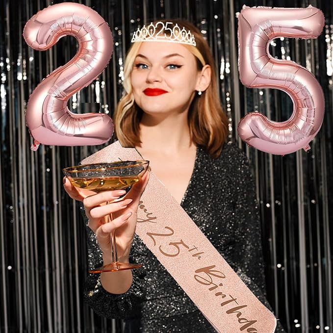 25th Birthday Decorations Gifts for Women, Including 25 year old Cake Topper, Queen Sash with Pearl Pin, Sweet Rhinestone Tiara Crown, Number Candles and Balloons Set, Rose Gold