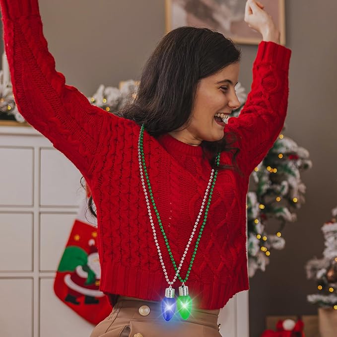 48PCS Light Up Christmas Necklaces, 3 Lighting Modes Festive Xmas Accessories, 4 Vibrant Colors Lights Bead Chain, Christmas Party Favors Necklaces for Holiday Celebrations New Year Decorative