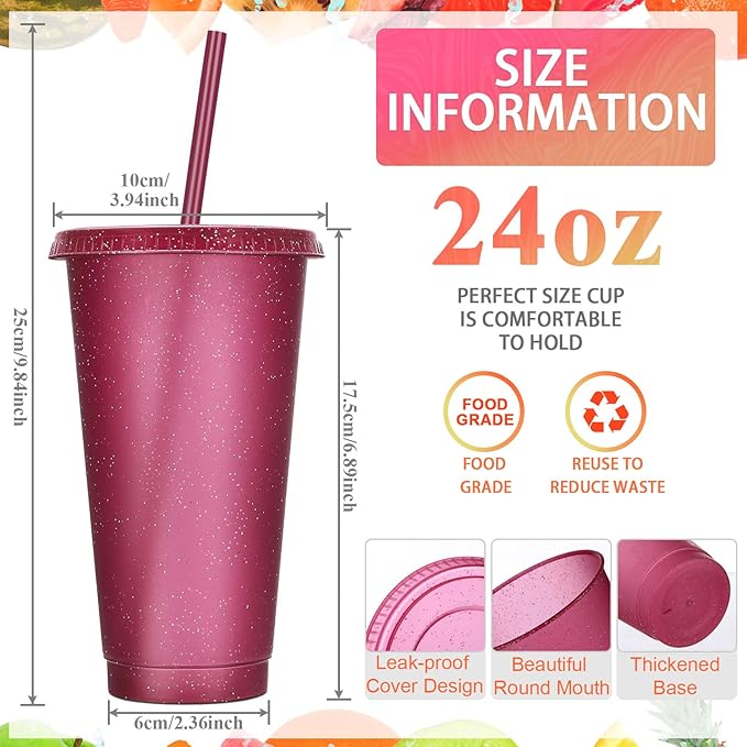 Honeydak 60 Pack Tumbler with Straw and Lid Bulk Glitter Plastic Cups Water Bottle Iced Coffee Travel Mug Reusable Party Favor Cups for Birthdays travel 24-27 oz (Bright Colors)