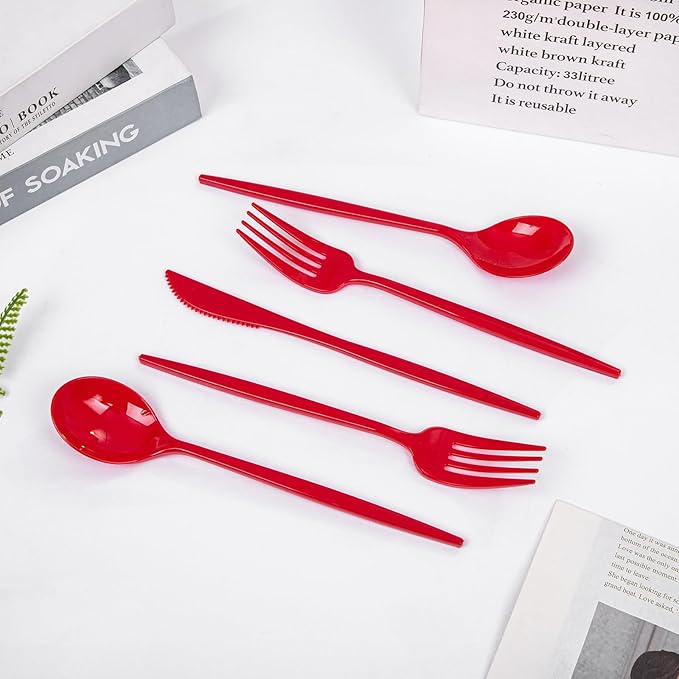 PULOTE 150PCS Red Plastic Silverware Set - Heavy Duty Plastic Cutlery - Red Utensils Disposable Include 50 Forks, 50 Spoons, 50 Knives for Party & Christmas