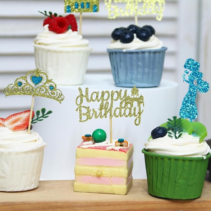 26Pcs Glitter Princess Cake Topper Set with Lake Blue Castle Gold Happy Birthday Cake Toppers Crown Cupcake Topper for Arabian Princess Birthday Baby Shower Costume Party Decor