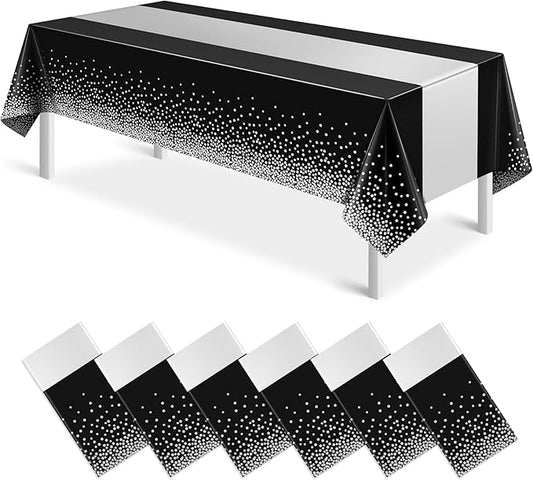 6Pcs Black and Silver Tablecloth Party Decorations,Plastic Black Table Cloth Printed Silver Table Runner Disposable Rectangle Table Cover for Birthday Anniversary Wedding Graduation Party,54 x108 Inch