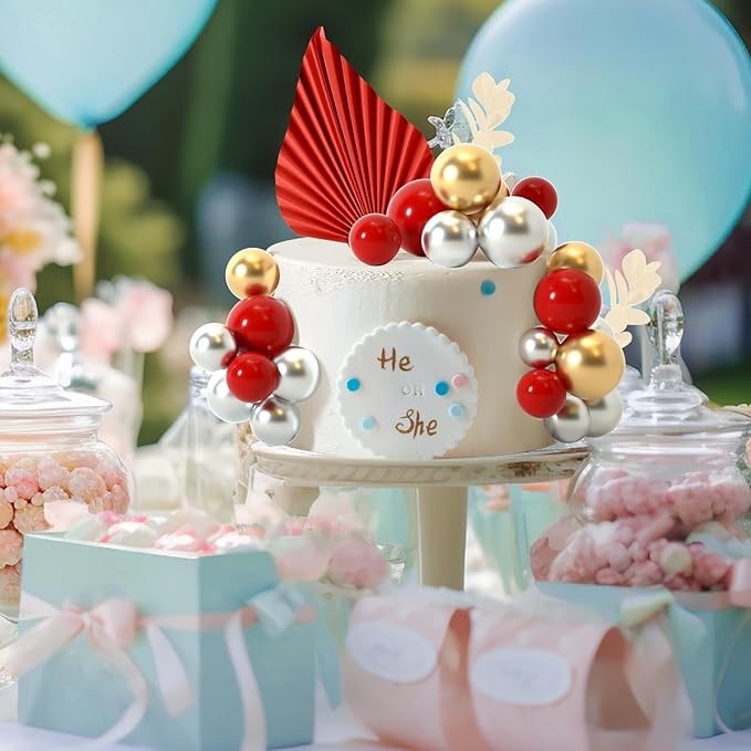 NEBURORA 64 Pcs Balls Cake Toppers and Leaves Decoration Set Mini Balloons for Cake Decorating Supplies Balls Cake decorations for Baby Shower Cake Toppers Birthday Cake Decorations(Red Gold)