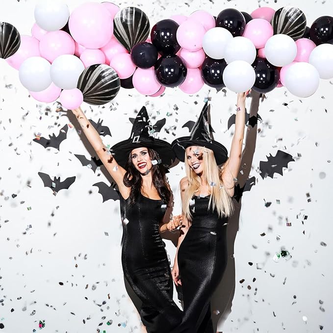 Balloons Black and Pink, 60 Packs 12 Inch Pink Black White Latex Balloon with Agate Balloon Silver Confetti Balloons for Girls Birthday Baby Shower Halloween Party