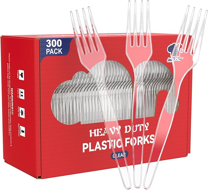 JOLLY CHEF [300 Count] Clear Plastic Forks,Heavy Duty Disposable Forks Plastic Utensils Perfect for Home, School, Party, Restaurant, Christmas or Daily use