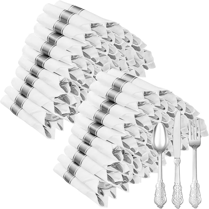 100 Pack Silver Plastic Silverware with Pre Rolled Napkins for 100 Guests, Silver Disposable Utensils Sets Includes 300 Plastic Cutlery, and 100 Napkins for Party & Wedding