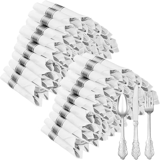 100 Pack Silver Plastic Silverware with Pre Rolled Napkins for 100 Guests, Silver Disposable Utensils Sets Includes 300 Plastic Cutlery, and 100 Napkins for Party & Wedding