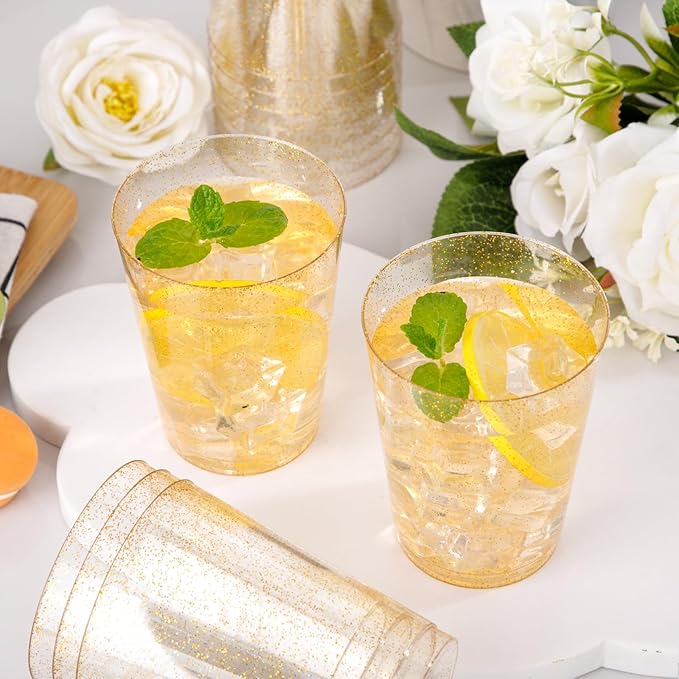I00000 60 Pack 10oz Gold Plastic Cups, Premium Disposable Gold Glitter Plastic Cups for Martini and Cocktail,Hard Clear Disposable Cup with Gold Glitter Perfect for Fancy Wedding and Elegant Party Cup