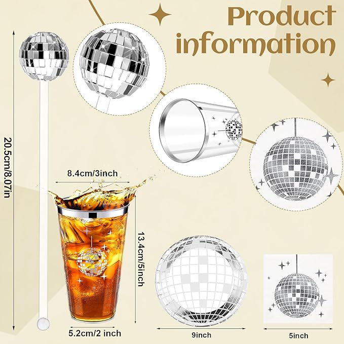 70s Disco Party Supplies Disco Balls Plates Napkins Cocktail Stirrers Disposable Plastic Cups Party Table Runner for 80s 90s Wedding Picnic Travel(101 Pieces)