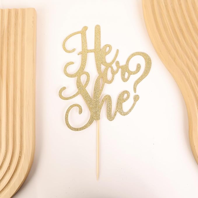 He or She Cake Topper - Glitter Gold Gender Reveal Cake Topper Decorations, Suitable for Baby Shower Favors, Baby Gender Reveal, Baby Birthday Party or Baby Photo Booth Props (Gold)