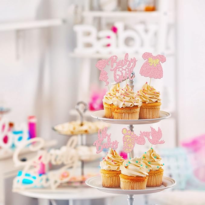 24Pcs Baby Shower Oh Baby Cupcake Toppers with Bow Dress Footprint Swan Pink Glitter Baby Girl Cake Picks Decorations for Baby Shower Gender Reveal Its a Girl Birthday Party Supplies