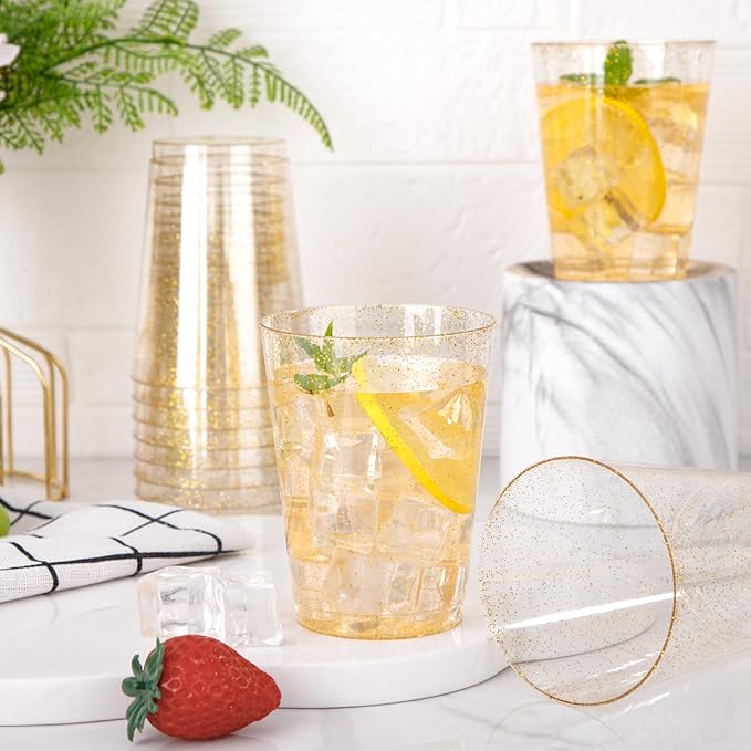 I00000 60 Pack 10oz Gold Plastic Cups, Premium Disposable Gold Glitter Plastic Cups for Martini and Cocktail,Hard Clear Disposable Cup with Gold Glitter Perfect for Fancy Wedding and Elegant Party Cup