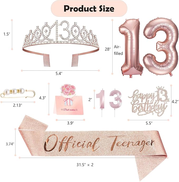 13th Birthday Decorations for Girls, Including 13th Happy Birthday Cake Toppers, Queen Sash with Pearl Pin, Sweet Rhinestone Tiara Crown, Number Candles and Balloons Set, Rose Gold