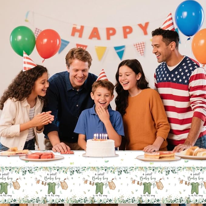 3PCS Greenery Gender Reveal Baby Shower Tablecloth, Boho Greenery A Sweet Baby Boy is On His Way Party Supplies TableCover for Gender Reveal Party, 54 x 108INCH (Green)