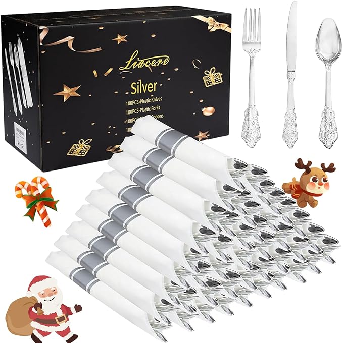 Liacere 400PCS Silver Plastic Silverware - Pre Rolled Napkins Disposable Silver Cutlery-Premium Quality Gold Plastic Utensils - Includes 100Forks,100Knives,100Spoons,100Napkins&Christmas