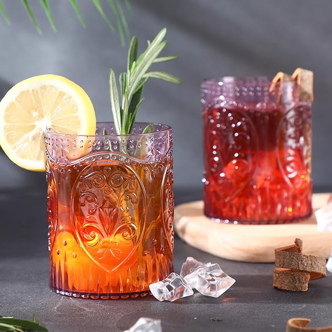 24 Plastic Vintage Drinking Glasses 8.5oz Stemless Retro Embossed Wine Glasses Shatterproof Reusable Cups for Baby Shower Wedding Reception Grand Event Party (Purple)