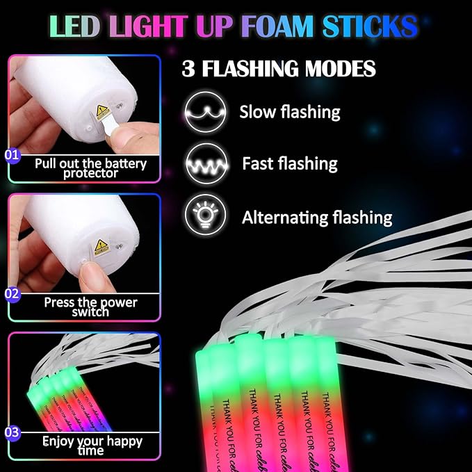 50 Pack Colorful LED Party Foam Light Sticks Batons with Triple Ribbon Christmas Holiday Celebrating Wands 3 Color Lighting Modes for Guests Send off, Wedding, Festivals, Birthday Party