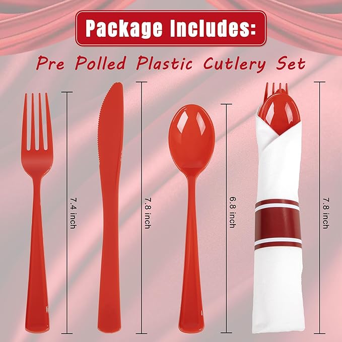 Liacere 400PCS Pre Rolled Red Silverware and Napkin - Disposable Red Plastic Utensils-Wrapped Plastic Cutlery Set with Napkin:100Forks,100Knives,100Spoons,100Napkins for Wedding＆Valentine＆Christmas