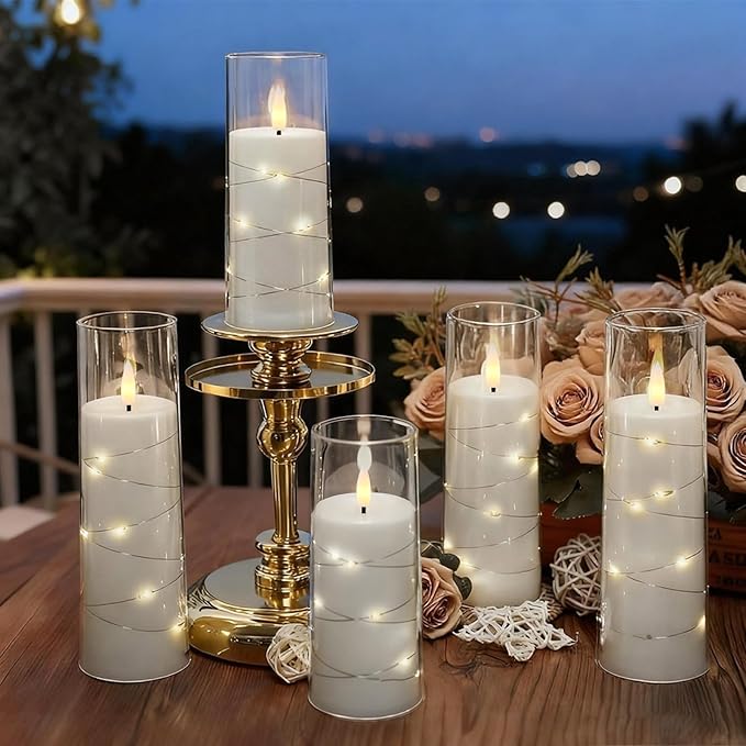 Raycare Flameless Candle with Remote Timer – 5 Flickering Acrylic Battery Operated LED Pillar Candles with Embedded Star String for Christmas, Home Decor, and as a Gift(White)
